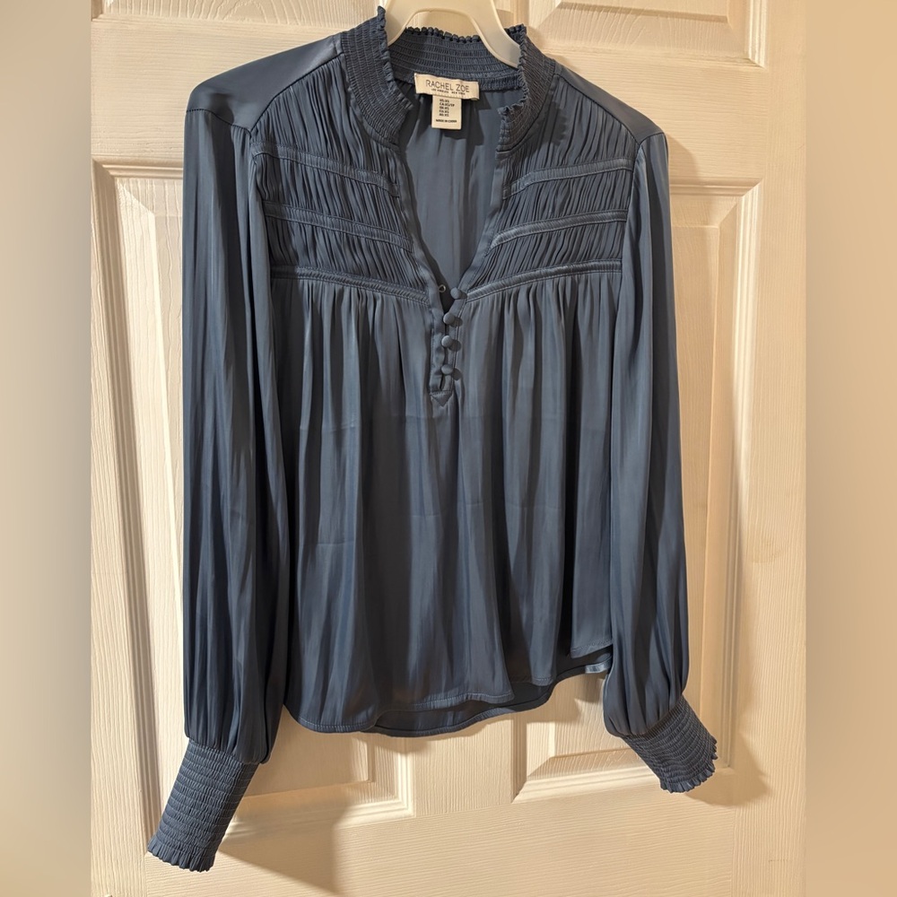 Rachel Zoe Light Blue Grey Silky Blouse with Front Pleat Details & Buttons XS